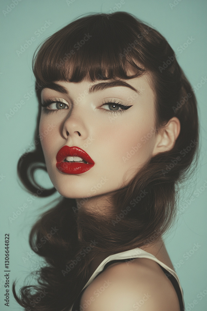 Young pin-up woman with red lipstick and curled bangs Young pin-up woman with red lipstick and curled bangs