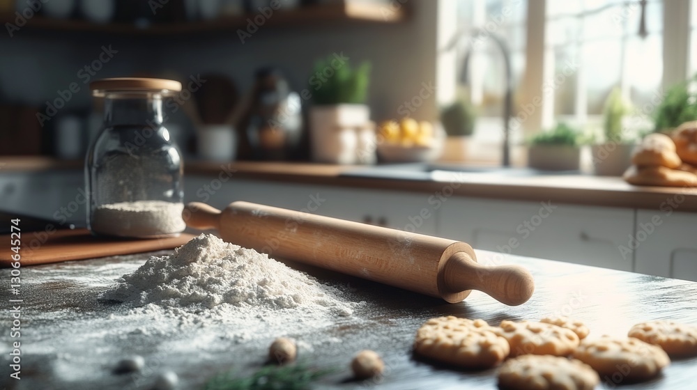 Home baking scene with rolling pin, flour, and cookies on kitchen counter, cozy and warm, ultra-detailed, 4k Home baking scene with rolling pin, flour, and cookies on kitchen counter, cozy and warm, ultra-detailed, 4k