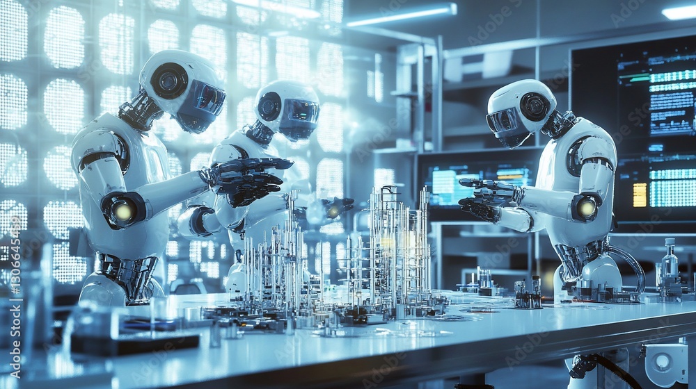 Three robots collaborate on a scientific experiment in a high-tech laboratory. Three robots collaborate on a scientific experiment in a high-tech laboratory.