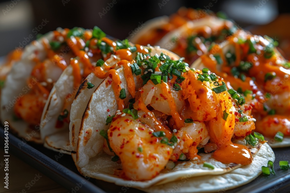 Spicy shrimp tacos drizzled with creamy chili sauce, wrapped in lightly toasted tortillas, and garnished with green onions and sesame seeds, highlighting modern fusion cuisine. Spicy shrimp tacos drizzled with creamy chili sauce, wrapped in lightly toasted tortillas, and garnished with green onions and sesame seeds, highlighting modern fusion cuisine.