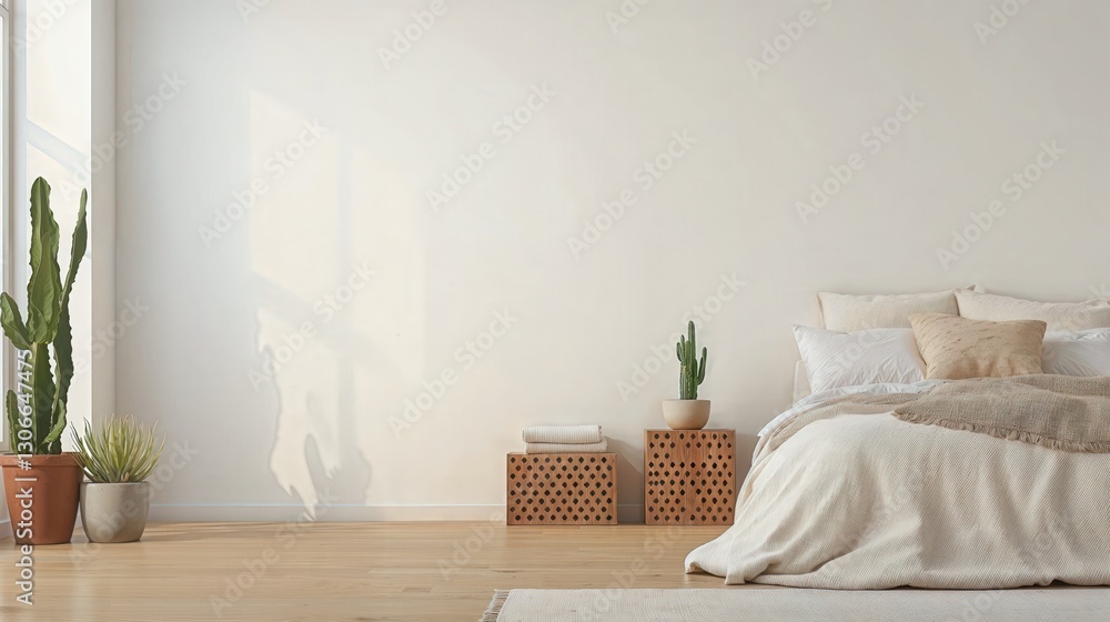 Obraz premium Generative AI, Warm Minimalist Bedroom with Natural Elements and Earthy Tones