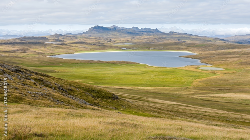 Fototapeta premium Vast Grassland Landscape with Serene Lake and Distant Hills Under Cloudy Sky