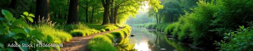 Winding riverside path, lush foliage, sunlight dappled,  clouds,  birds