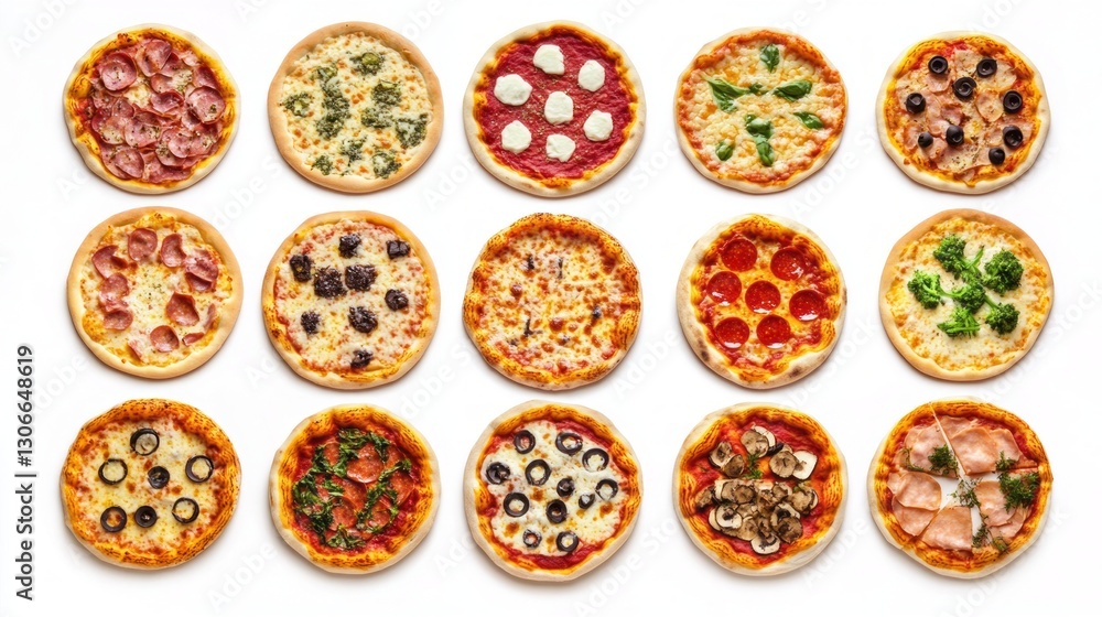 A mouthwatering assortment of traditional and gourmet pizzas rests on a pristine white background, showcasing vibrant toppings and a variety of flavors. Each pie offers a unique culinary experience A mouthwatering assortment of traditional and gourmet pizzas rests on a pristine white background, showcasing vibrant toppings and a variety of flavors. Each pie offers a unique culinary experience