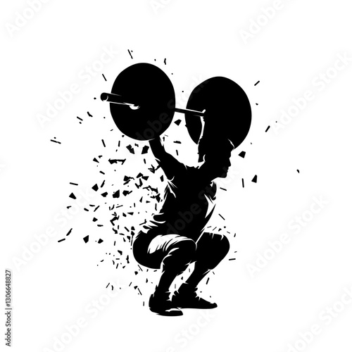 Weightlifting, man in gym, workout. Isolated vector silhouette with distortion effect; high contrast illustration