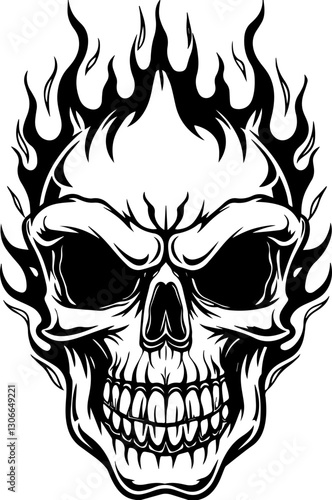 SVG vector features dark fantasy Grim Reaper and skeletons. Skull with Flames Graphic for Tattoo and Artwork Design Inspiration