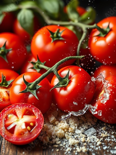 an image of a bunch of tomatoes on a table with some salt, there is a pile of tomatoes on a table with some salt photo