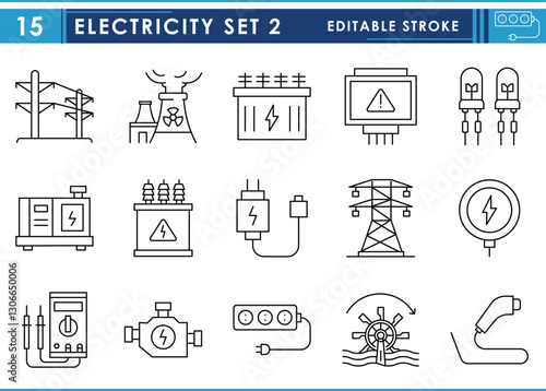 A set of line icons related to Electricity and electrical components. transmission line, nuclear, transformer, diode, charger, generator, and so on. Vector editable stroke.