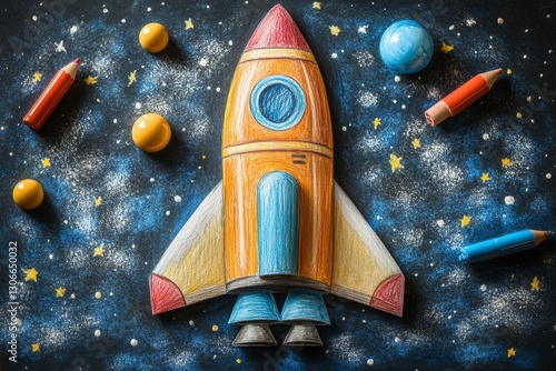 Colorful sketch of a space rocket, spaceship near a planet, AI Generated