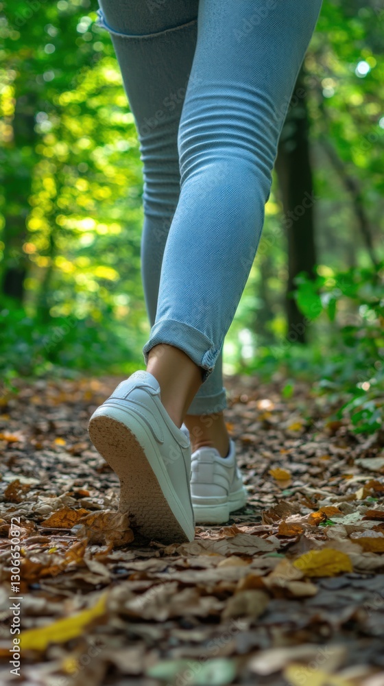 A Young Adult Female Walking Through a Lush Green Forest Path Covered with Autumn Leaves in Casual Sneakers A Young Adult Female Walking Through a Lush Green Forest Path Covered with Autumn Leaves in Casual Sneakers