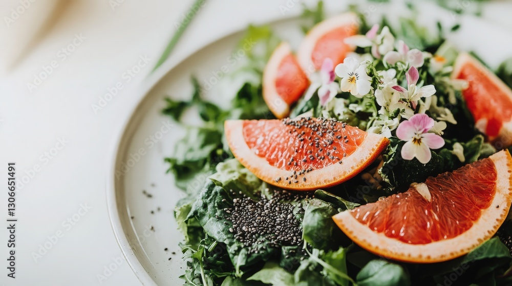 Beautifully Detailed Photo: Green Salad with Grapefruit Wedges, Chia Seeds, and Flower Garnish Beautifully Detailed Photo: Green Salad with Grapefruit Wedges, Chia Seeds, and Flower Garnish