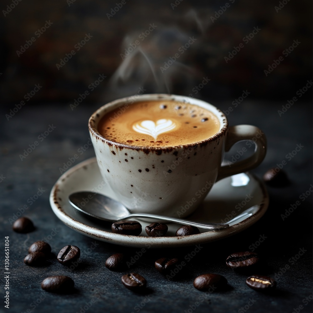 A ceramic mug filled with coffee and a heart design