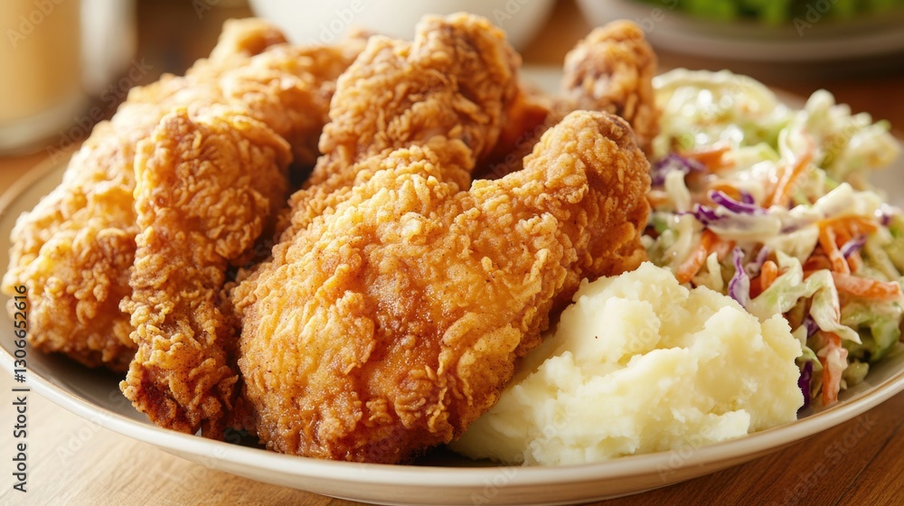 Delicious fried chicken with sides of coleslaw and mashed potatoes Delicious fried chicken with sides of coleslaw and mashed potatoes