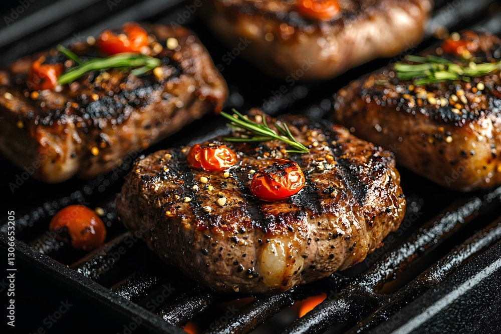 Grilled Beef Steaks with Cherry Tomatoes and Rosemary Garnish for Barbecue Season Grilled Beef Steaks with Cherry Tomatoes and Rosemary Garnish for Barbecue Season