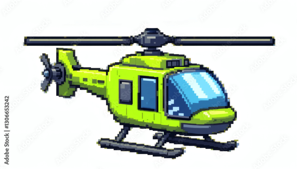 Bright 8-Bit Pixel Helicopter in Vibrant Colors for a Retro Aerial Design Bright 8-Bit Pixel Helicopter in Vibrant Colors for a Retro Aerial Design