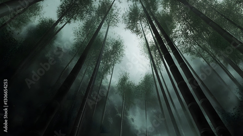 Misty Bamboo Forest, Upward View, Dramatic Sky