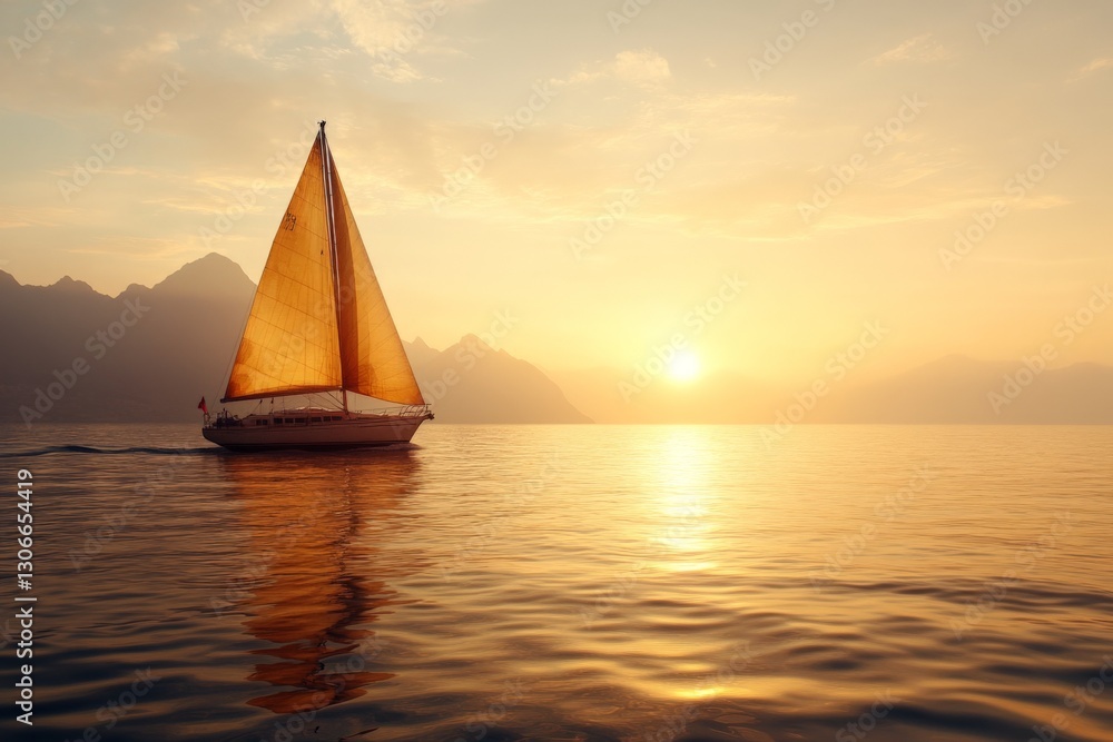 Fototapeta premium A golden sailboat sails gracefully against a majestic mountain backdrop, capturing the harmony between land and water in a breathtaking natural setting.