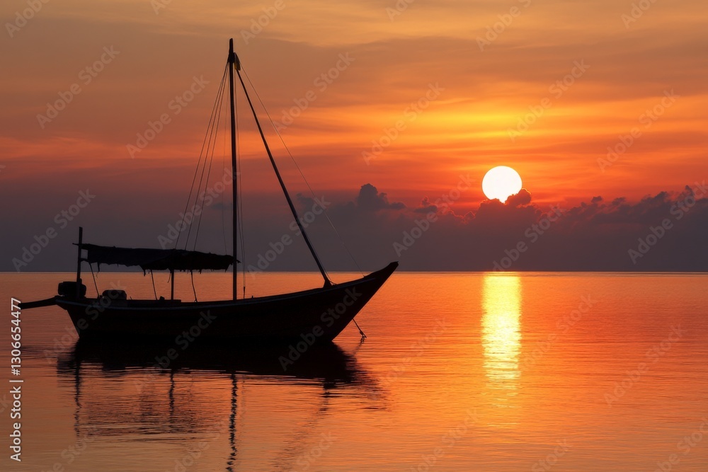 Naklejka premium A striking silhouette of a traditional fishing boat against the vibrant hues of a sunset, capturing the essence of calmness and serenity.