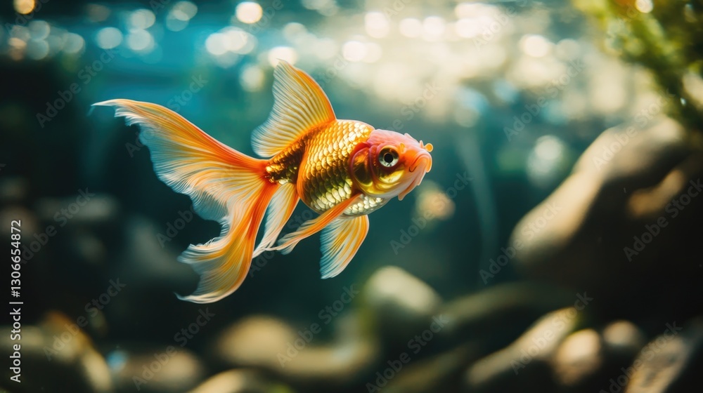 A gracefully swimming golden fish showcases beautiful details in aquarium A gracefully swimming golden fish showcases beautiful details in aquarium