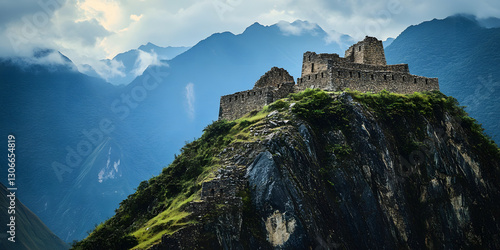 Ancient Inca ruins perched on Andean mountaintop, dramatic landscape
