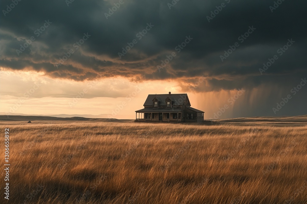 thunderstorm rolling over the prairie, capturing a solitary farmhouse in the vast expanse of the prairie thunderstorm rolling over the prairie, capturing a solitary farmhouse in the vast expanse of the prairie