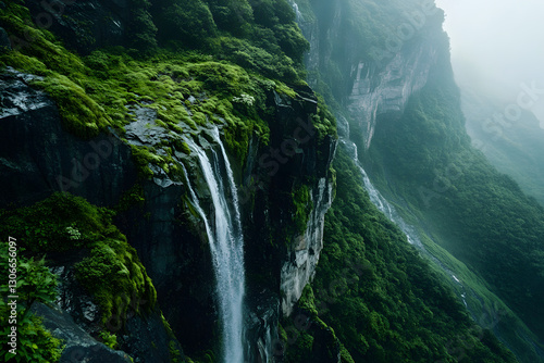 Misty mountain waterfall cascading down mossy cliff face
