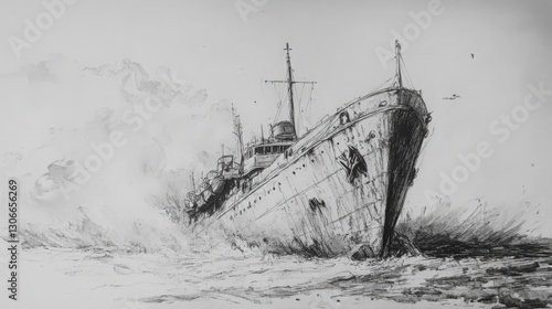Detailed monochrome sketch of ship navigating choppy ocean waters illustration
