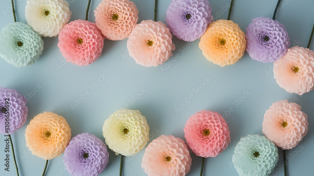 Fototapeta premium Flatlay of beautiful soft flowers on a blue background an elegant and colorful ccollection
