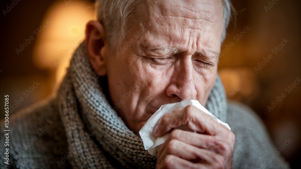 Old man sneezing into a handkerchief, symptoms of cold or flu, healthcare and wellness theme. Old man sneezing into a handkerchief, symptoms of cold or flu, healthcare and wellness theme.