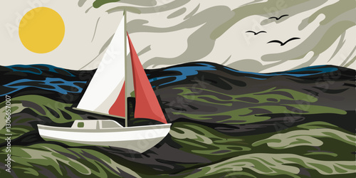 Ilustración de un barco de vela en un océano agitado con olas altas y un sol brillante en el cielo.
