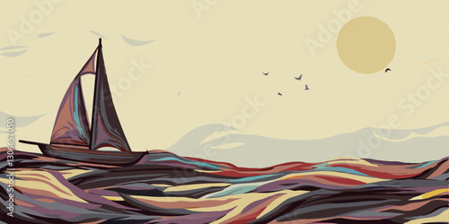 Ilustración artística de un velero navegando entre olas agitadas, con un sol amarillo y gaviotas en el cielo.
