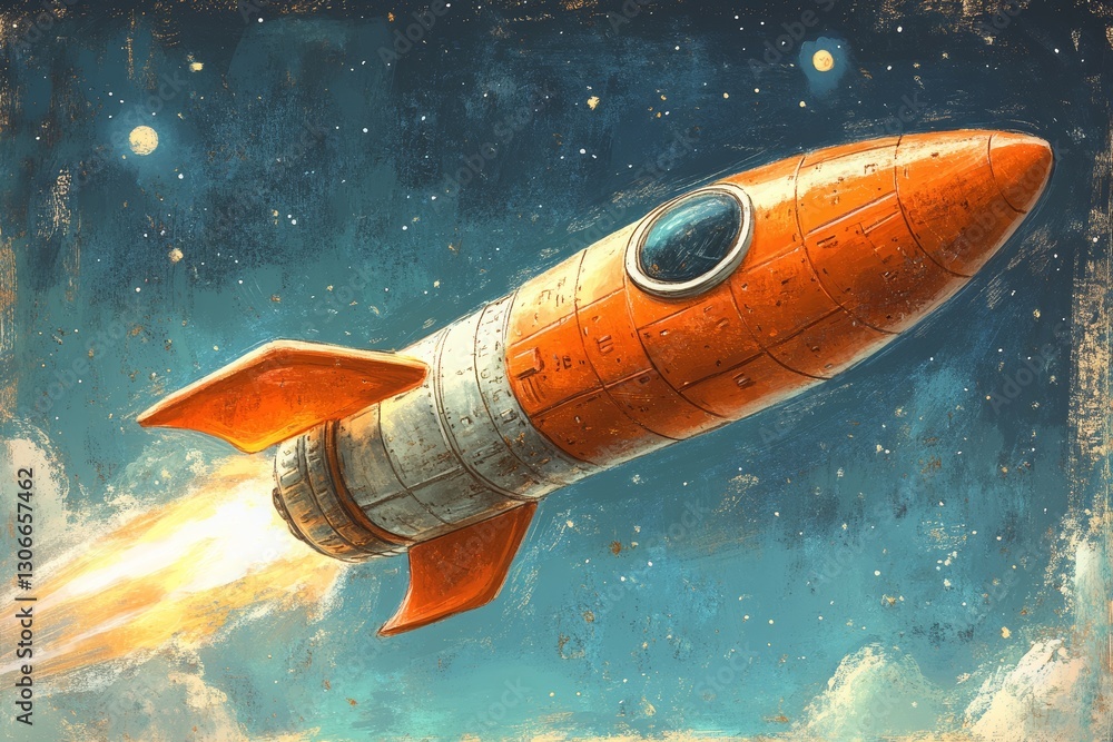 Naklejka premium Colorful sketch of a space rocket, spaceship near a planet, AI Generated