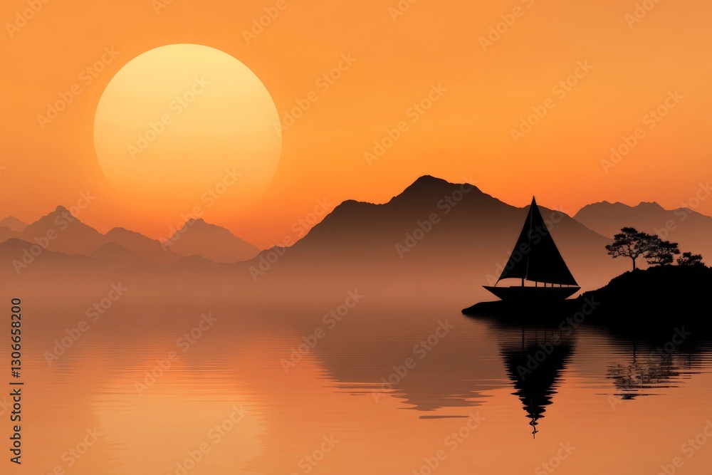 Fototapeta premium A serene sailboat is silhouetted against a magnificent sunset, creating a calming and meditative scene that captures the essence of peace and tranquility on the water.