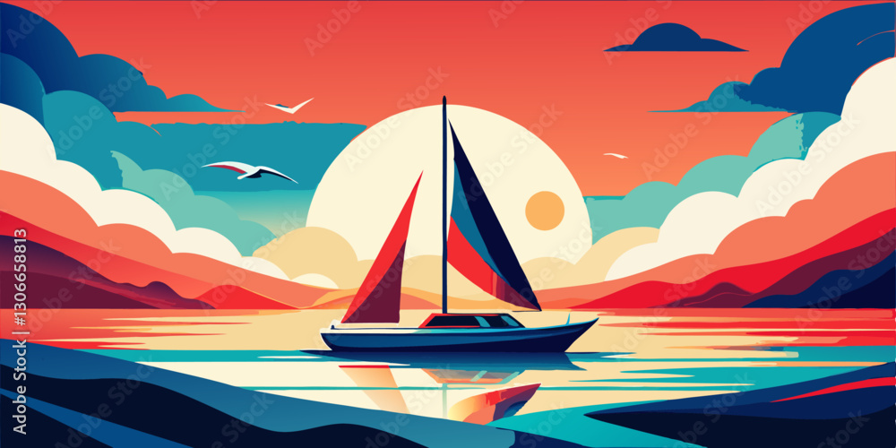 Naklejka premium Ilustración vibrante de un velero en aguas tranquilas al atardecer con cielos naranjas y reflejos en el agua. 