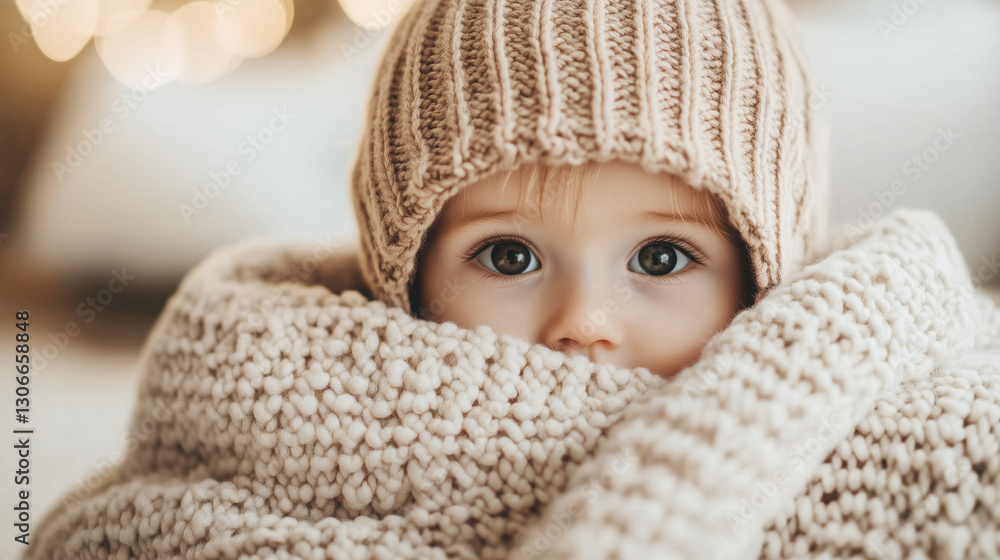 Infant's serene gaze under a blanket, morning light casting a warm glow. Infant's serene gaze under a blanket, morning light casting a warm glow.