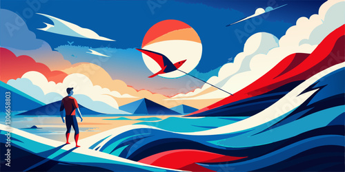 Ilustración de una persona observando el horizonte mientras un ave vuela sobre el mar en un paisaje vibrante.
