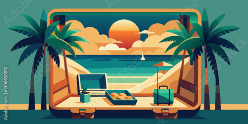 Ilustración conceptual de un maletín abierto con una escena de playa tropical en su interior, representando vacaciones y viajes.
