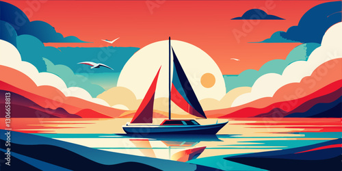 Ilustración vibrante de un velero en aguas tranquilas al atardecer con cielos naranjas y reflejos en el agua.

