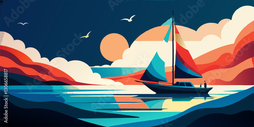 Ilustración de un velero navegando en el mar con el sol poniente y montañas en el horizonte.
