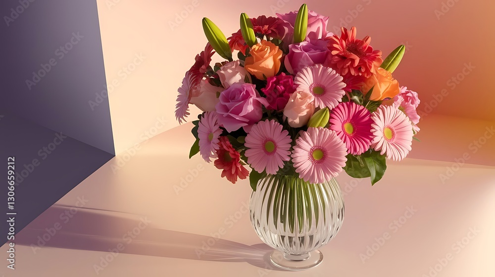 Fototapeta premium Beautiful bouquet of flowers in vase on white background top view flat lay