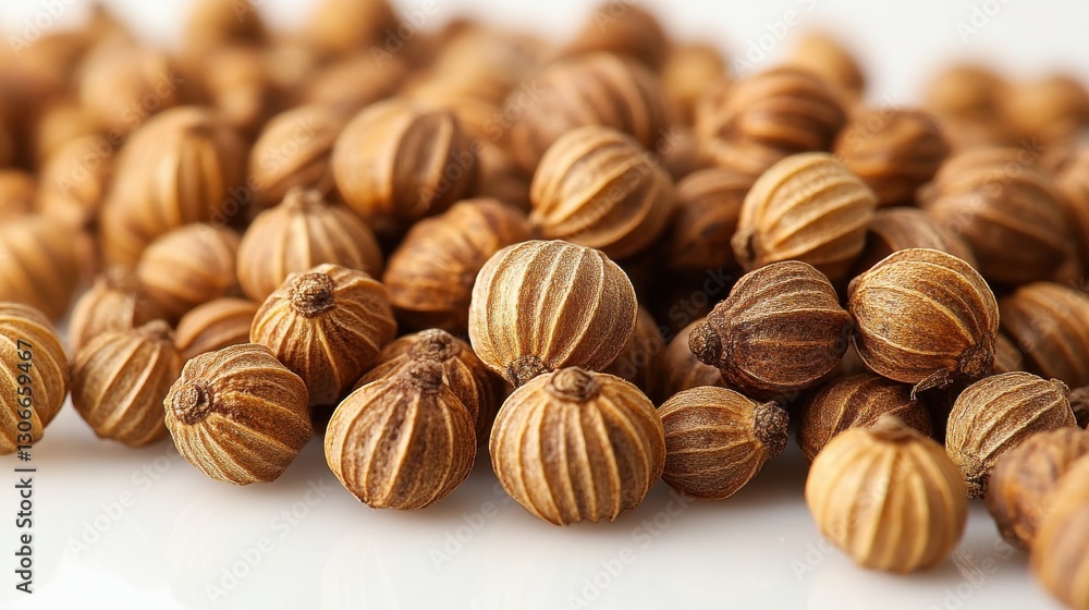 a collection of coriander seeds spread on a white surface showcasing their natural texture and color often used in cooking spices and herbal remedies a collection of coriander seeds spread on a white surface showcasing their natural texture and color often used in cooking spices and herbal remedies