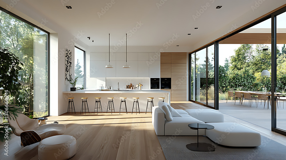 Modern open-concept living room and kitchen with minimalist design, large windows, and natural light
Modern open-concept living room and kitchen with minimalist design, large windows, and natural light