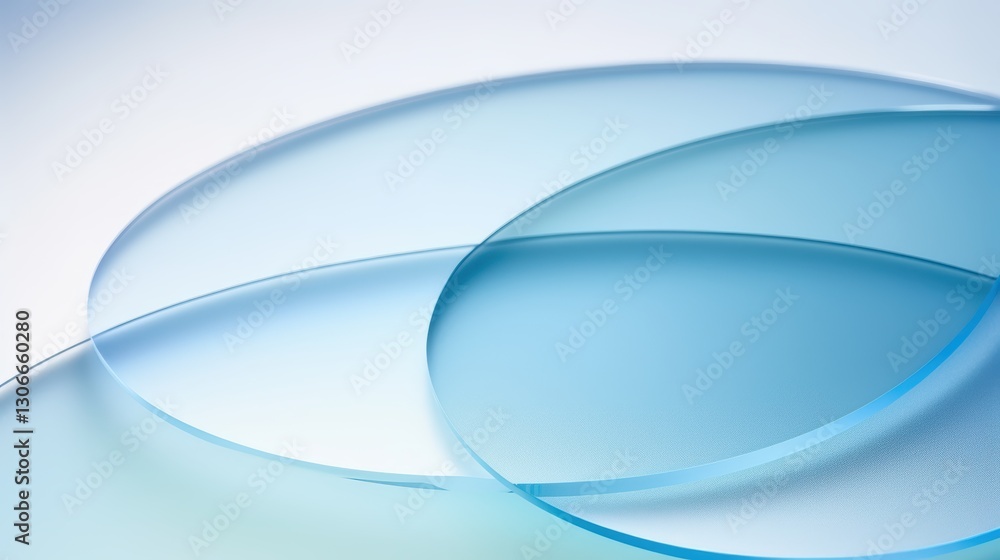 Naklejka premium Three Overlapping Circular Glass Shapes with Soft Blue Gradients on a Light Background for Abstract Designs and Backgrounds Curve glass with light illuminated