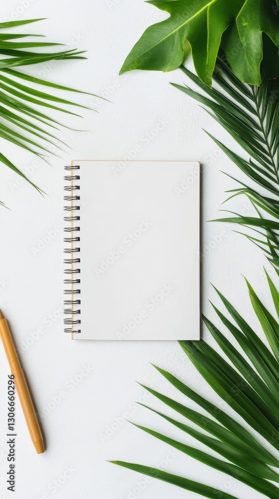 Blank Spiral Notebook Surrounded by Lush Green Leaves on White Background for Creative Ideas and Inspiration Blank Spiral Notebook Surrounded by Lush Green Leaves on White Background for Creative Ideas and Inspiration