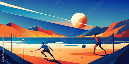 Ilustración de dos personas jugando voleibol en la playa con un impresionante atardecer y montañas de fondo.
