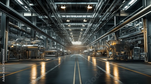 Large steel factory with processing units, open-floor plan, and industrial lights, sleek and spacious, ultra-detailed, 4k