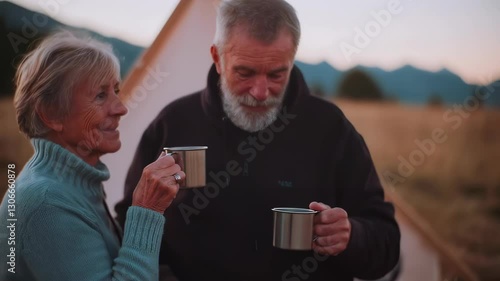 An elderly couple shares a moment with mugs in hand, enjoying the serene sunset outdoors near a tent.
