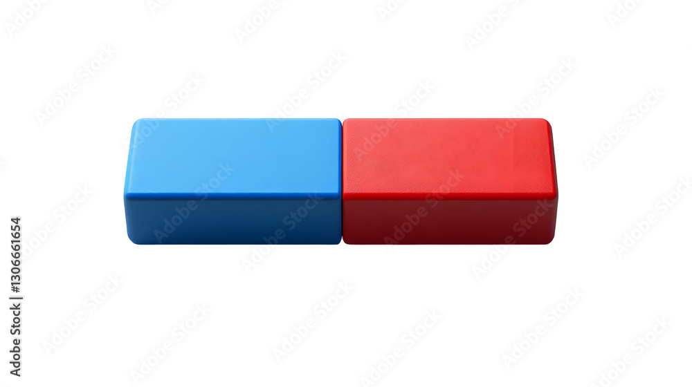 Red and Blue Blocks Touching, Isolated on White Background