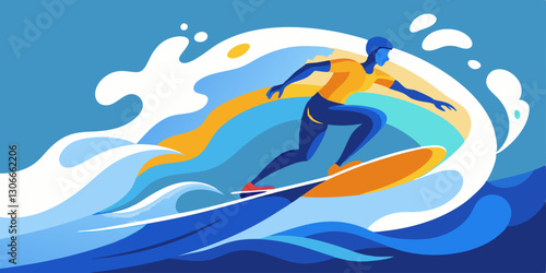 Surfista cabalgando una ola con gran energía y colores vibrantes en un estilo moderno.
