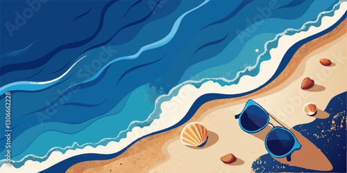 Vista de una playa con arena dorada, olas azules y gafas de sol junto a conchas marinas.
